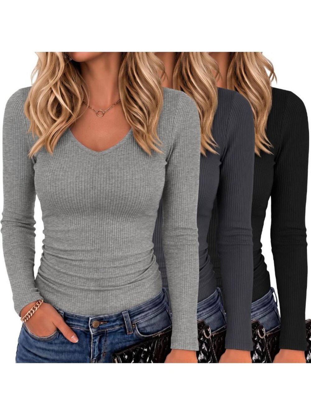 3 Pcs Women's Ribbed Long Sleeve V-Neck Shirts - Soft Cotton Blend Tops